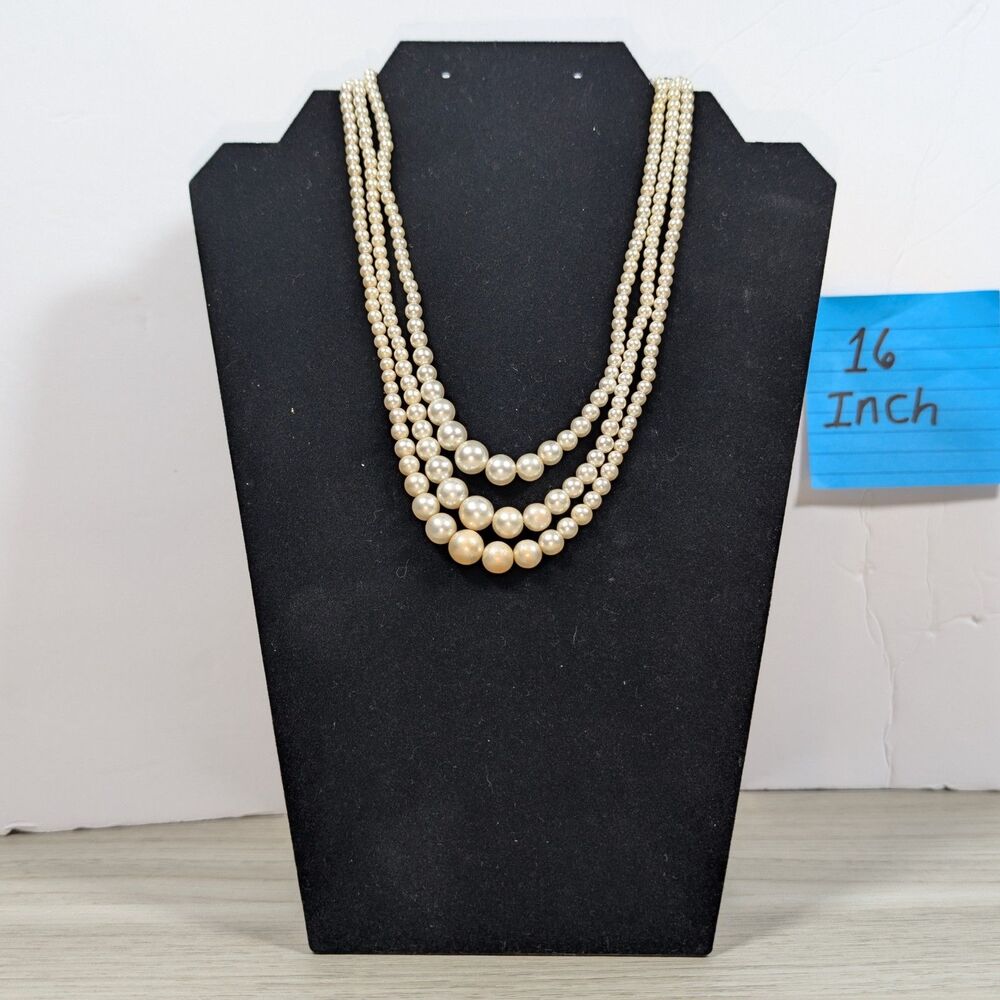 Vintage Japan Faux Pearl Necklace 3 Strand Layered 16in Classic